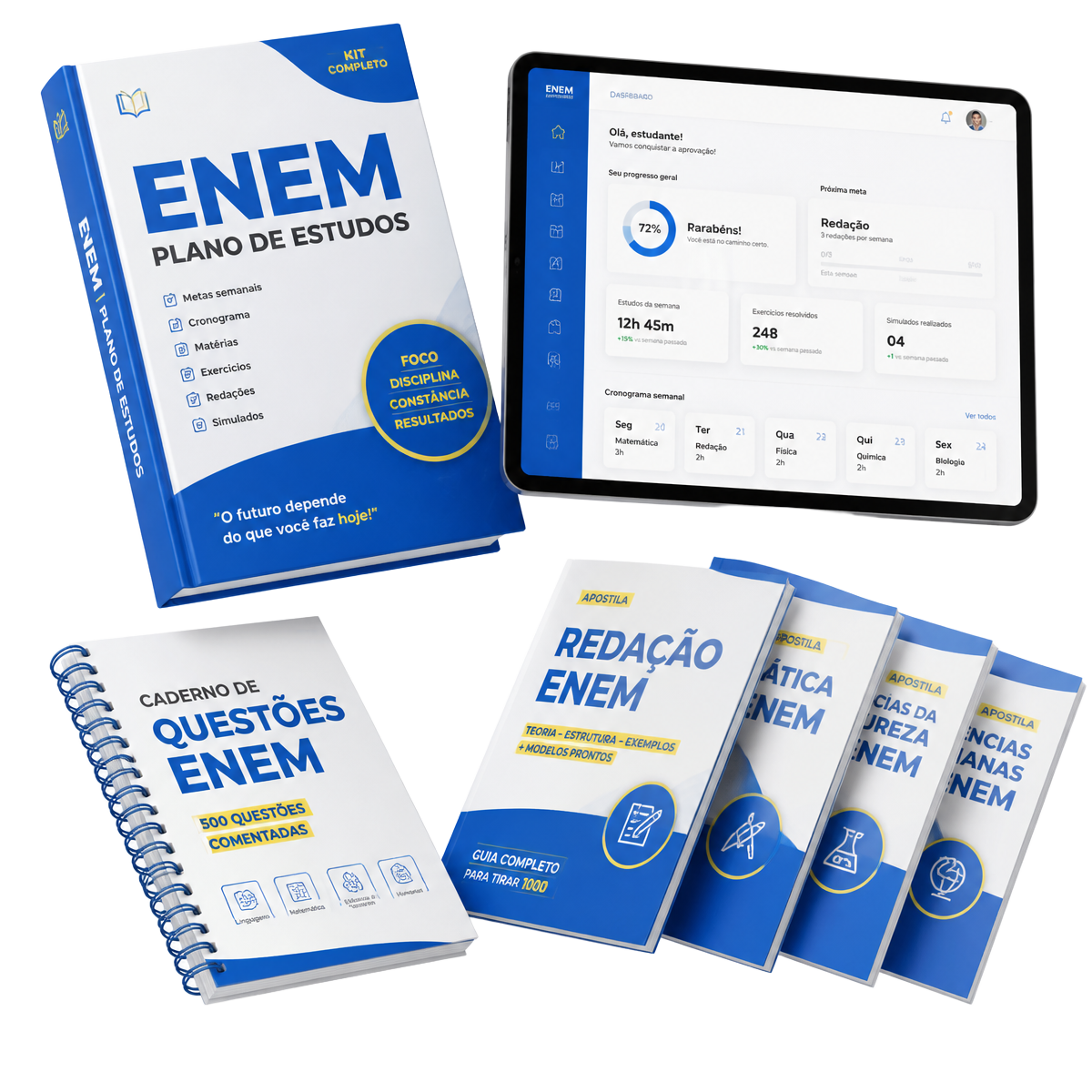 Mockup 3D do Kit Aprovação ENEM 2026 mostrando planner, tablet e apostilas